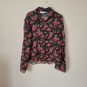Vintage Live a Little Size Large Sheer Floral Multicolor Blouse Top Black Pink